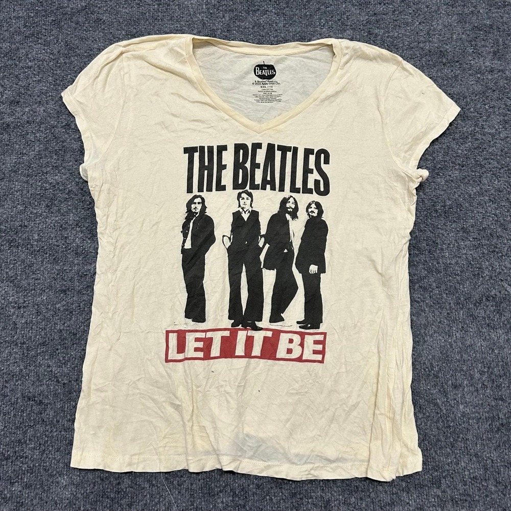 The Beatles Graphic Tee Womens Size XXL Cream Let It Be Band V-Neck Cotton Shirt